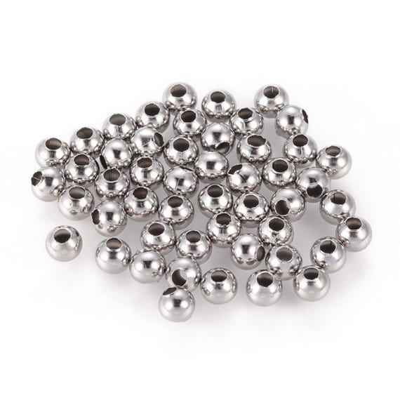 5mm Round Beads, Stainless Steel, 2mm Hole, 304 Grade Stainless, Hypoallergenic, Non Tarnish, Lot Size 50 to 500, #1512