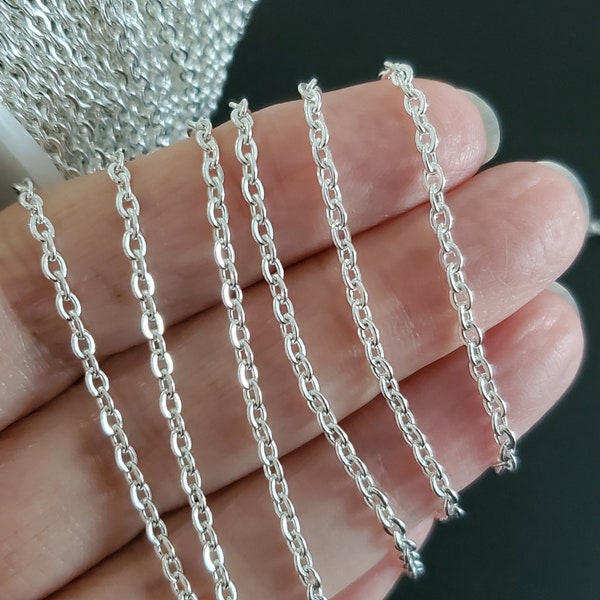 Bright Silver Plated Stainless Steel Chain, Soldered Closed Oval 3x2.5mm Links, 0.6mm thick, Lot Size 3 to 20 feet, #1904 S