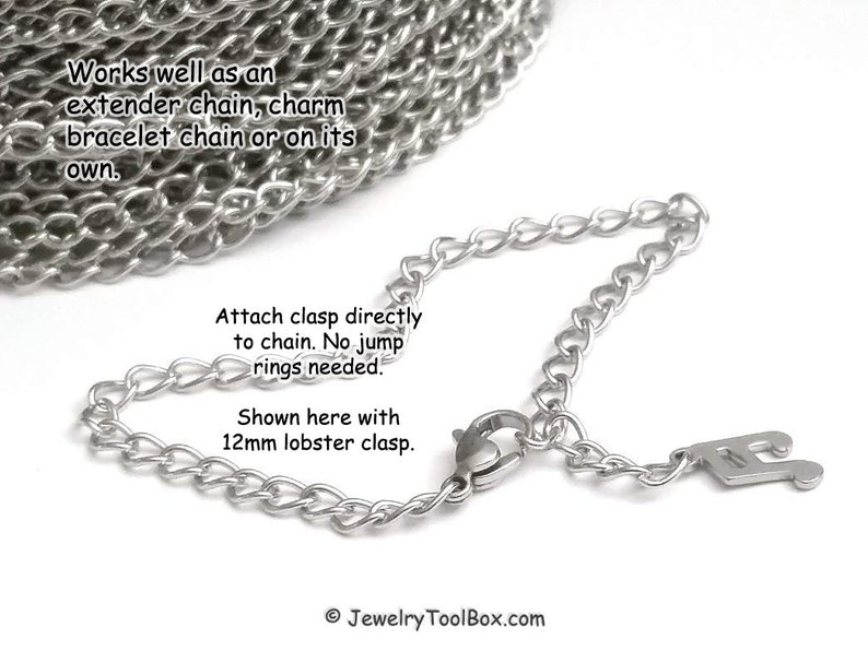 May include: Silver chain with a 12mm lobster clasp. The chain can be used as an extender chain, charm bracelet chain, or on its own. "Attach clasp directly to chain. No jump rings needed. Shown here with 12mm lobster clasp."