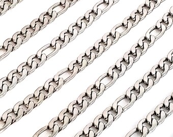 5.5mm Figaro Chain, Stainless Steel, Open Flat Links, Bulk Chain, Hypoallergenic, Non Tarnish, Lot size 4 to 20 Feet, #1975