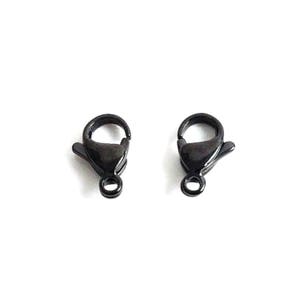 May include: Two black metal lobster clasps, a type of fastener used for jewelry making.