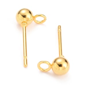 4mm Gold Stainless Ball Post Ear Stud, Front Facing Loop, 0.8mm Pin, Jewelry Making Findings, Lot Size 10 to 50 Pieces, #1367 G