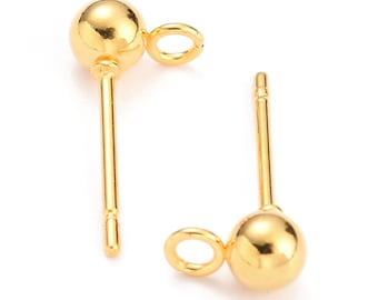 Pendientes de botón con bola de acero inoxidable dorado de 4 mm, con aro frontal y pasador de 0,8 mm, accesorios para bisutería, lote de 10 a 50 piezas, n.° 1367 G