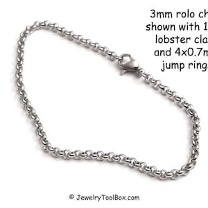 May include: A silver rolo chain necklace with a 10mm lobster clasp and 4 jump rings. The chain is 3mm wide.