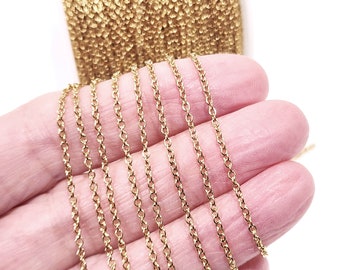 Gold Stainless Steel Chain, Fine Soldered Closed Links,  2x1.5x0.4mm, 316 Stainless, Lot Size 5 to 20 feet, #1912 G