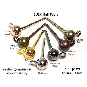 500 Pieces Bulk Ball Earring Post Studs with Loop, 4mm Ball, 2mm (1.2mm Inside Dimension) Closed Loop, Choose 1 Finish, #1365 BULK