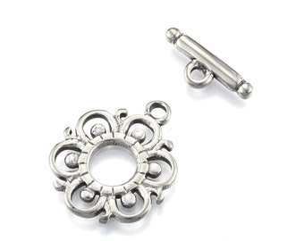 Flower Toggle Clasp, Stainless Steel, Lightly Antique Silver Tone, Hypoallergenic, Non Tarnish, Lot Size 2 to 5 Sets, #1216