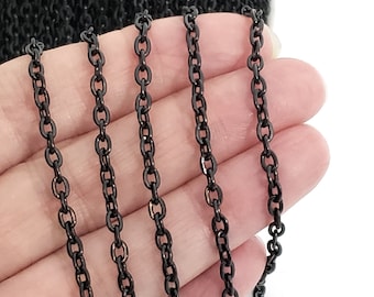 Black Stainless Steel Jewelry Chain, 3x4mm Oval Open Links, Hypoallergenic, Non Tarnish, Lot Size 4 to 20 Feet, #1906 BL