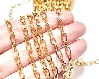 Gold Paperclip Chain, Stainless Steel Open Link Jewelry Chain, 6.8x4x0.8mm, Choose 2 to 10 Feet, #1984 G