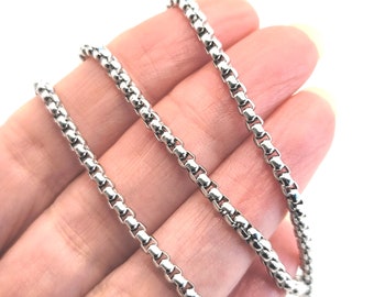 Box Chain, 3mm, Stainless Steel Venetian Style Chain, Bulk Jewelry Making Chain, Lot Size 2 to 10 Feet, #1949-3