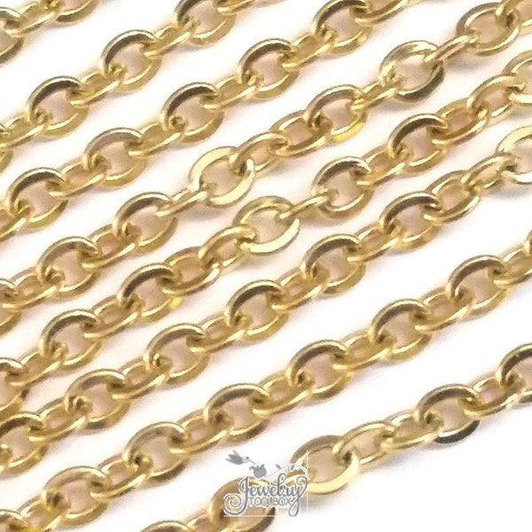 Stainless Steel Chain, Gold Chain, Bulk Jewelry Chain, Oval Links, Fine 3x2.5mm, Flat, Lot Size 2 to 20 feet #1904 G