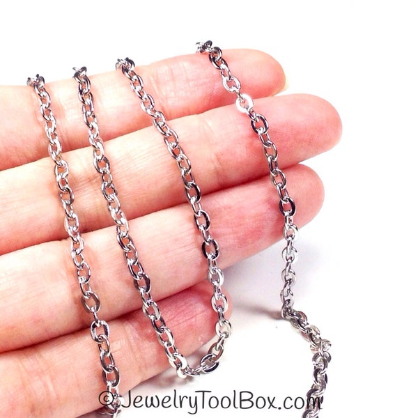 Stainless Steel Jewelry Chain, Hypoallergenic, 304 Stainless, 3x4mm Oval Open Links, Non Tarnish, Lot Size 4 to 20 Feet #1906