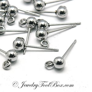 Ball Earring Post Studs, 4mm Ball, 2mm Closed Side Facing Loop, Hypoallergenic Stainless Steel Earring , Lot Size 20 to 100 Pieces, #1359