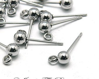 Ball Earring Post Studs, 4mm Ball, 2mm Closed Side Facing Loop, Hypoallergenic Stainless Steel Earring , Lot Size 20 to 100 Pieces, #1359