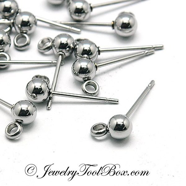 Ball Earring Post Studs, 4mm Ball, 2mm Closed Side Facing Loop, Hypoallergenic Stainless Steel Earring , Lot Size 20 to 100 Pieces, #1359