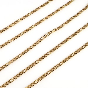 3mm Gold Figaro Chain, Gold Stainless Steel, Open Flat Links, Bulk Chain, Hypoallergenic, Non Tarnish, Lot size 2 to 30 Feet,#1973 G