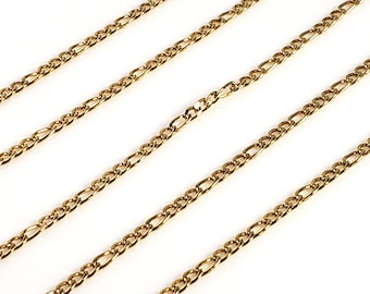 3mm Gold Figaro Chain, Gold Stainless Steel, Open Flat Links, Bulk Chain, Hypoallergenic, Non Tarnish, Lot size 2 to 30 Feet,#1973 G