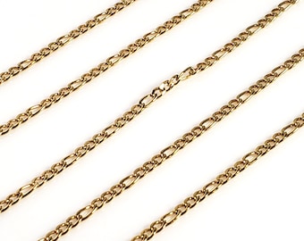 3mm Gold Figaro Chain, Gold Stainless Steel, Open Flat Links, Bulk Chain, Hypoallergenic, Non Tarnish, 5 to 30 Feet, #1973 G