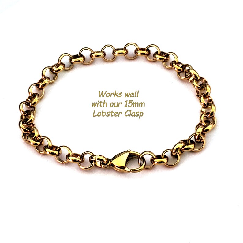 May include: Gold chain bracelet with a lobster clasp. Works well with our 15mm Lobster Clasp.