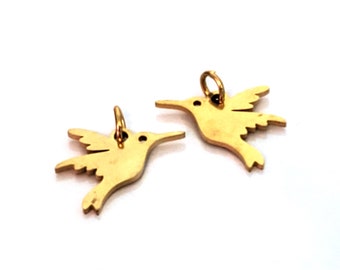 Hummingbird Charms, 24kt Gold Plated Stainless Steel, 13x15x1mm, 3mm Ring, Lot Size 5 to 20 Charms, #1667 G