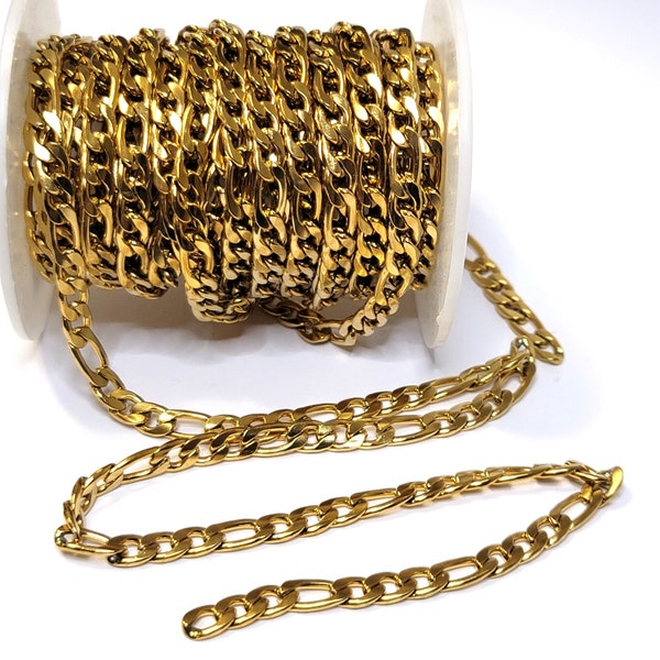 5.5mm Figaro Chain, Gold Stainless Steel, Open Flat Links, Bulk Chain, Hypoallergenic, Non-Tarnish, Lot size 1 1/2 to 10 Feet, #1975 G