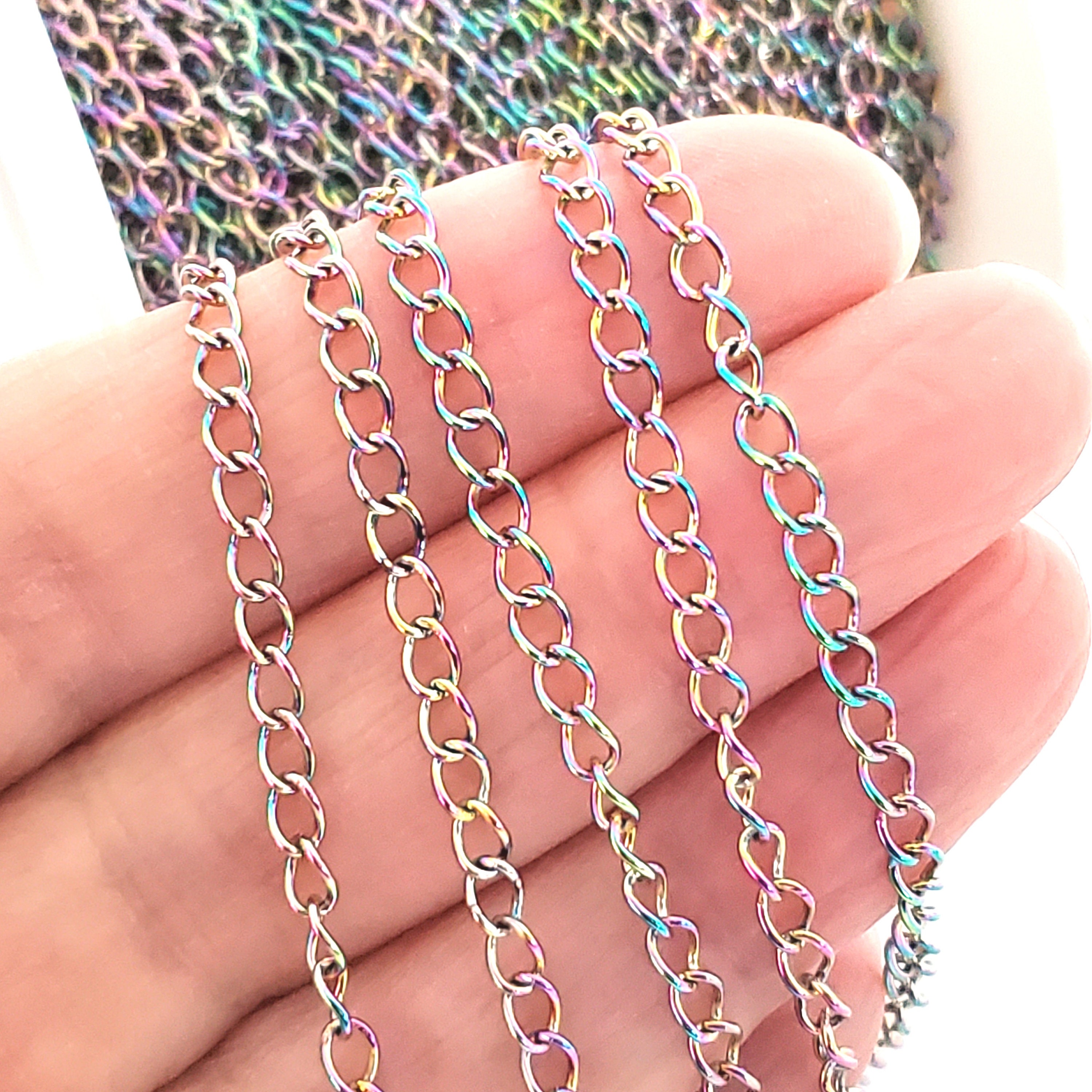 Rainbow Titanium Over Stainless Steel Finished Chain Set of 10 Chains in Assorted Styles & Sizes