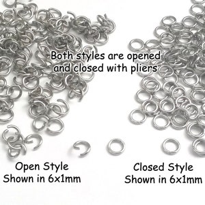 May include: Two piles of silver jump rings, one pile with open jump rings and one pile with closed jump rings. Both styles are 6 mm in diameter and 1 mm thick. The text "Both styles are opened and closed with pliers" is written on the image.