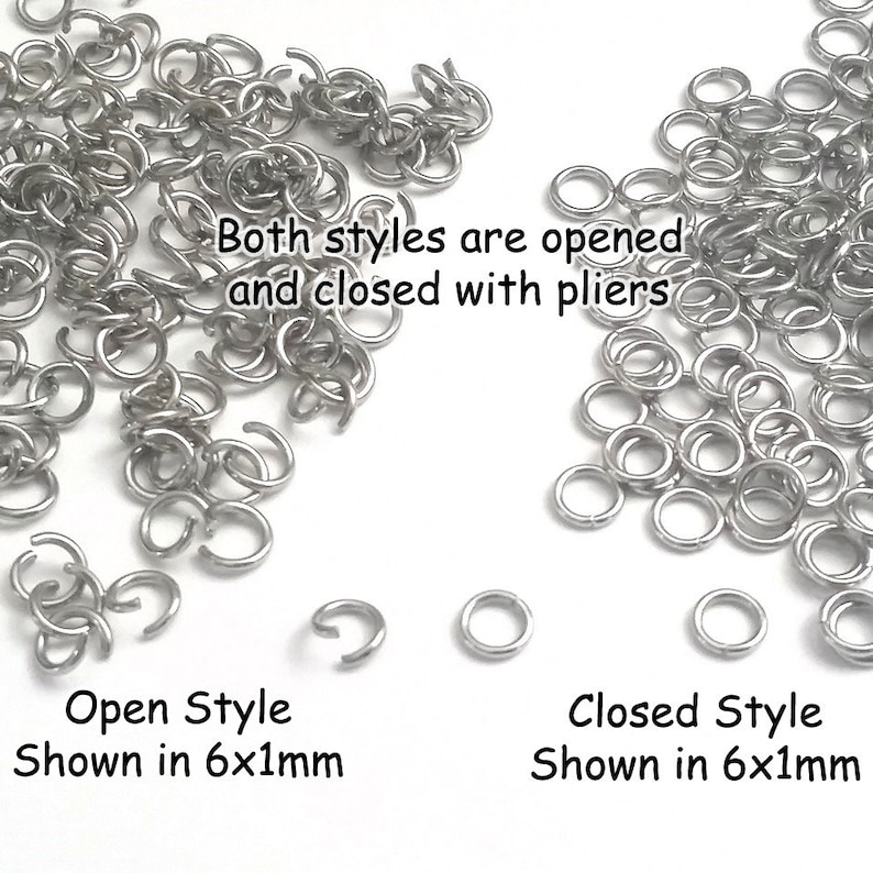 May include: Two piles of silver jump rings, one pile with open jump rings and one pile with closed jump rings. Both styles are 6 mm in diameter and 1 mm thick. The text "Both styles are opened and closed with pliers" is written on the image.