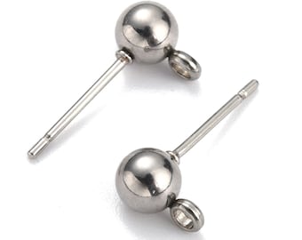 5mm Stainless Ball Post Ear Stud, 2mm Front Facing Loop, 0.8mm Pin, Jewelry Making Findings, Lot Size 10 to 50 Pieces, #1368