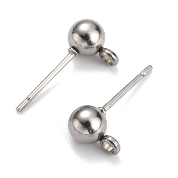 5mm Stainless Ball Post Ear Stud, 2mm Front Facing Loop, 0.8mm Pin, Jewelry Making Findings, Lot Size 10 to 50 Pieces, #1368