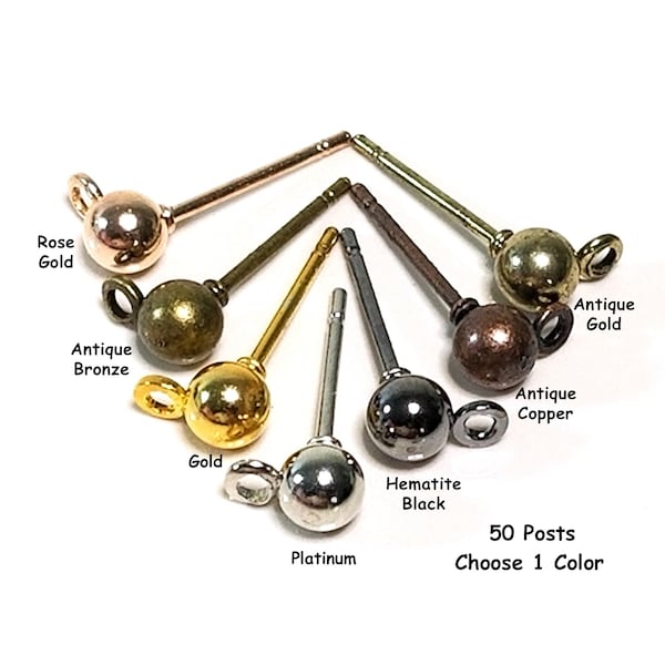 Ball Earring Post Studs with Loop, 50 Posts, Choose from 7 Metal Finishes, 4mm Ball, 2mm (1.2mm Inside Dimension) Closed Loop, #1365