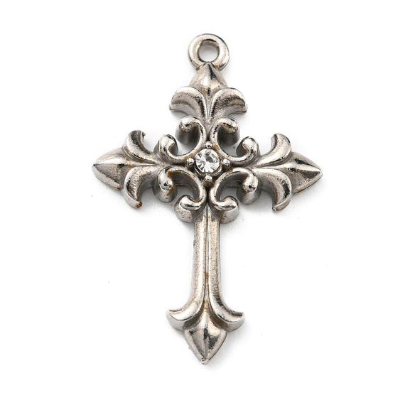 Antiqued Stainless Steel Cross Pendant with Rhinestone | Jewelry Making Charm (28x18.5mm)| Lot of 2 to 6 Pendants | #1695