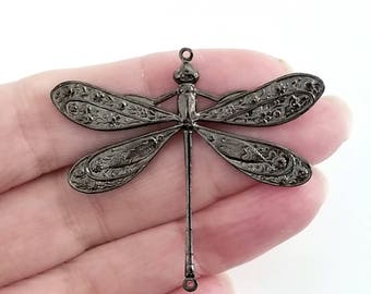 Extra Large Brass Dragonfly Stamping, Hematite Black, 1-5/8 inch Dragonfly Charm or Connector, Made in the USA, Lot Size 4, #07 - 13 BL