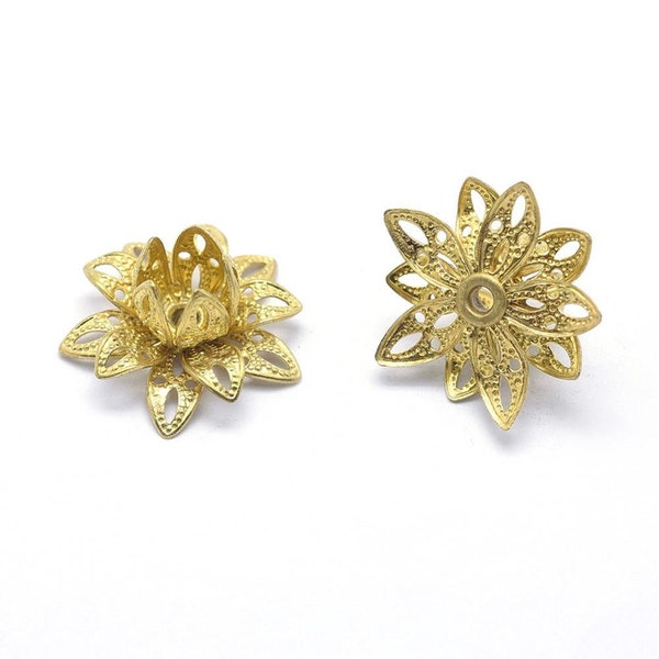 Brass Bead Caps, Filigree Flower, Multiple Layer Flower, Bendable, Moldable, Vintage Look, 2mm Hole, Lot Size 12 to 50, #2054 RB