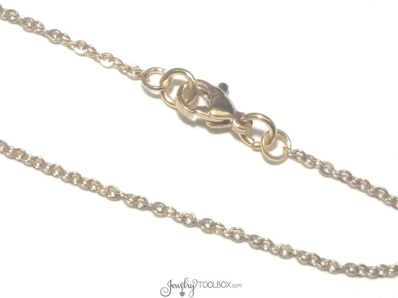 May include: A gold chain necklace with a lobster clasp closure.