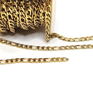 4mm Figaro Chain, Gold Stainless Steel, Open Flat Links, Bulk Chain, Hypoallergenic, Non Tarnish, Lot size 2 to 10 Feet,#1974 G