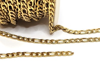4mm Figaro Chain, Gold Stainless Steel, Open Flat Links, Bulk Chain, Hypoallergenic, Non Tarnish, Lot size 2 to 10 Feet,#1974 G