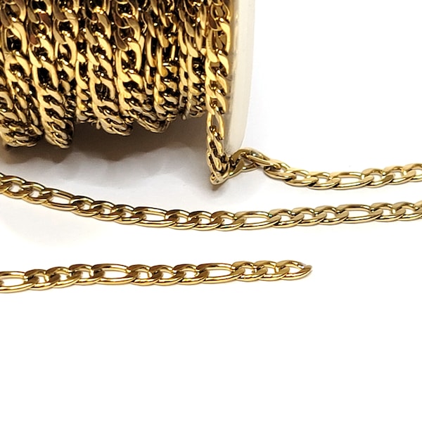 4mm Figaro Chain, Gold Stainless Steel, Open Flat Links, Bulk Chain, Hypoallergenic, Non Tarnish, Lot size 2 to 10 Feet,#1974 G