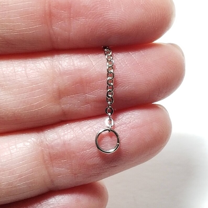 May include: A silver chain with a small, round ring at the end. The chain is about 2 inches long.