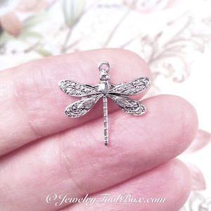 May include: Silver dragonfly charm with intricate details. The charm has a loop at the top for attaching to jewelry.
