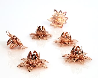 Rose Gold Filigree Flower Bead Caps, Multiple Layer Flower, Bendable, Moldable, Vintage Look, 2mm Hole, Lot Size 12 to 50, #2054 RG