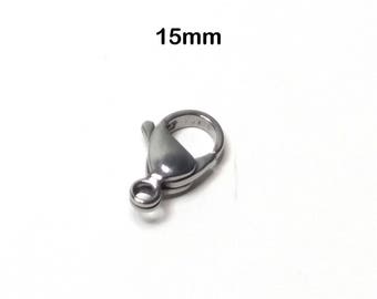 15mm Stainless Steel Lobster Clasp, 15x9x4mm, Stainless Steel Necklace Bracelet Clasp, Hypoallergenic, Non-Tarnish, Lot Size 10 to 25, #1335