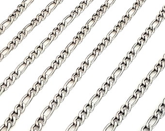 4mm Figaro Chain, Stainless Steel, Open Flat Links, Bulk Chain, Hypoallergenic, Non Tarnish, Lot size 5 to 20 Feet,#1974