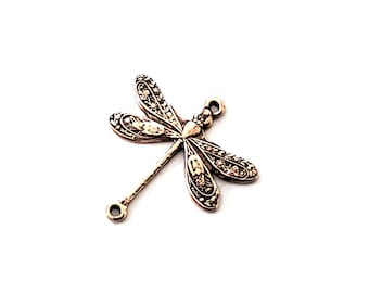 SMALL Rose Gold Antiqued Dragonfly Pendant Connector Charms, Brass Stamping, 2 LOOPS, 18x17mm, Lot Size 6 to 20, #02RG