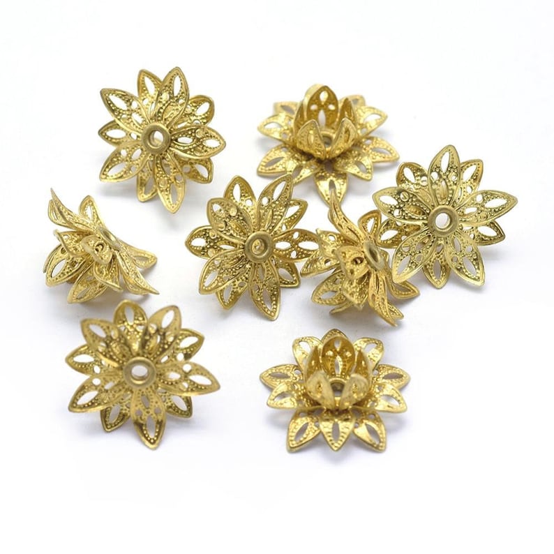 Brass Bead Caps, Filigree Flower, Multiple Layer Flower, Bendable, Moldable, Vintage Look, 2mm Hole, Lot Size 12 to 50, 2054 RB image 2