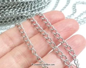 Stainless Steel Chain, Bulk Extender Twist Chain, Charm Bracelet Chain, Open Link, 3.5x5.5x0.75mm, Lot Size 4 to 20 feet, #1950