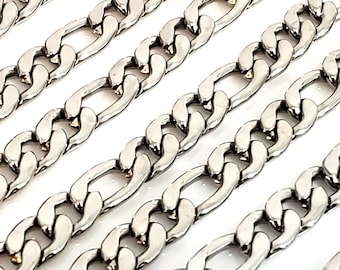 10mm Figaro Chain, Stainless Steel, Open Flat Links, Bulk Chain, Hypoallergenic, Non Tarnish, Lot size 2 to 5 Feet,#1980