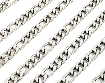 6mm Figaro Chain, Stainless Steel, Open Flat Links, Bulk Chain, Hypoallergenic, Non Tarnish, Lot size 2 to 10 Feet,#1976