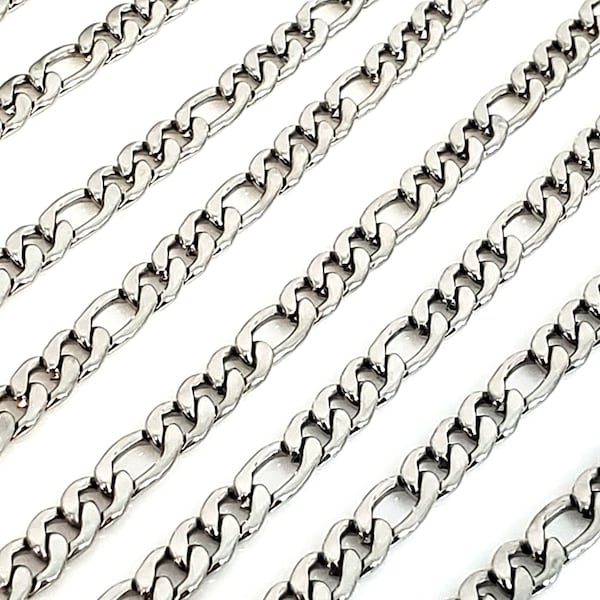 6mm Figaro Chain, Stainless Steel, Open Flat Links, Bulk Chain, Hypoallergenic, Non Tarnish, Lot size 2 to 10 Feet,#1976