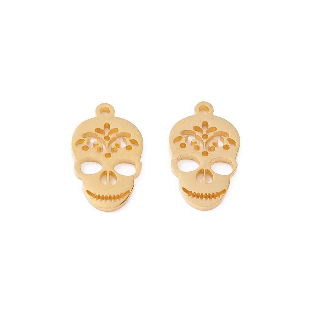 4 Gold Sugar Skull Charm, Gold Stainless Steel Pendants, Day of the